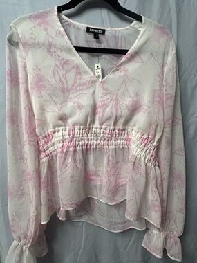 Express White & Pink Floral Smocked-Waist V-Neck Blouse